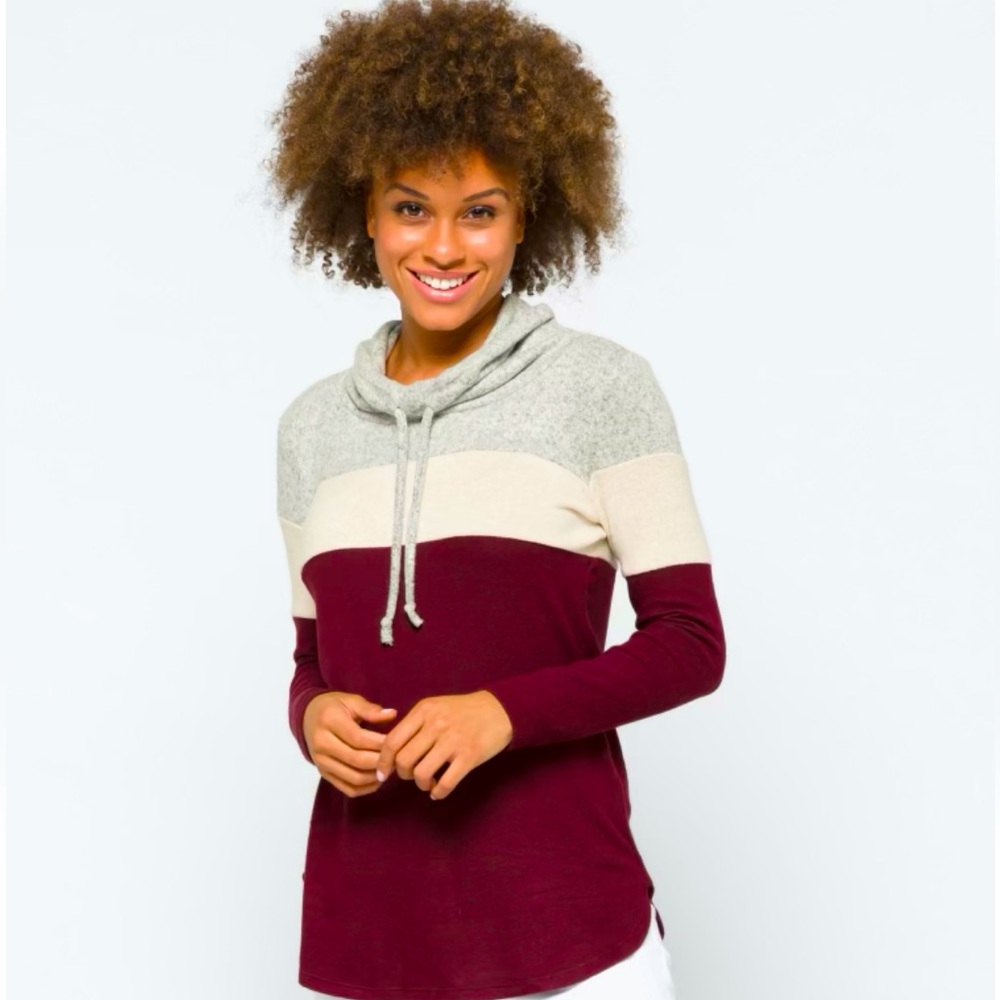 MARKET&SPRUCE Burgandy & Gray Striped Cameron Cowl Neck Brushed Knit Top.Sz.XXL